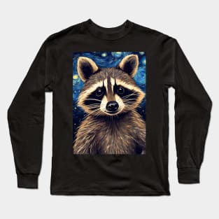 Cute Raccoon Animal Portrait Painting in a Van Gogh Starry Night Art Style Long Sleeve T-Shirt